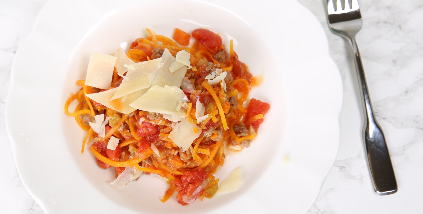 Spiralized butternut squash with pork Bolognese - Pompeian
