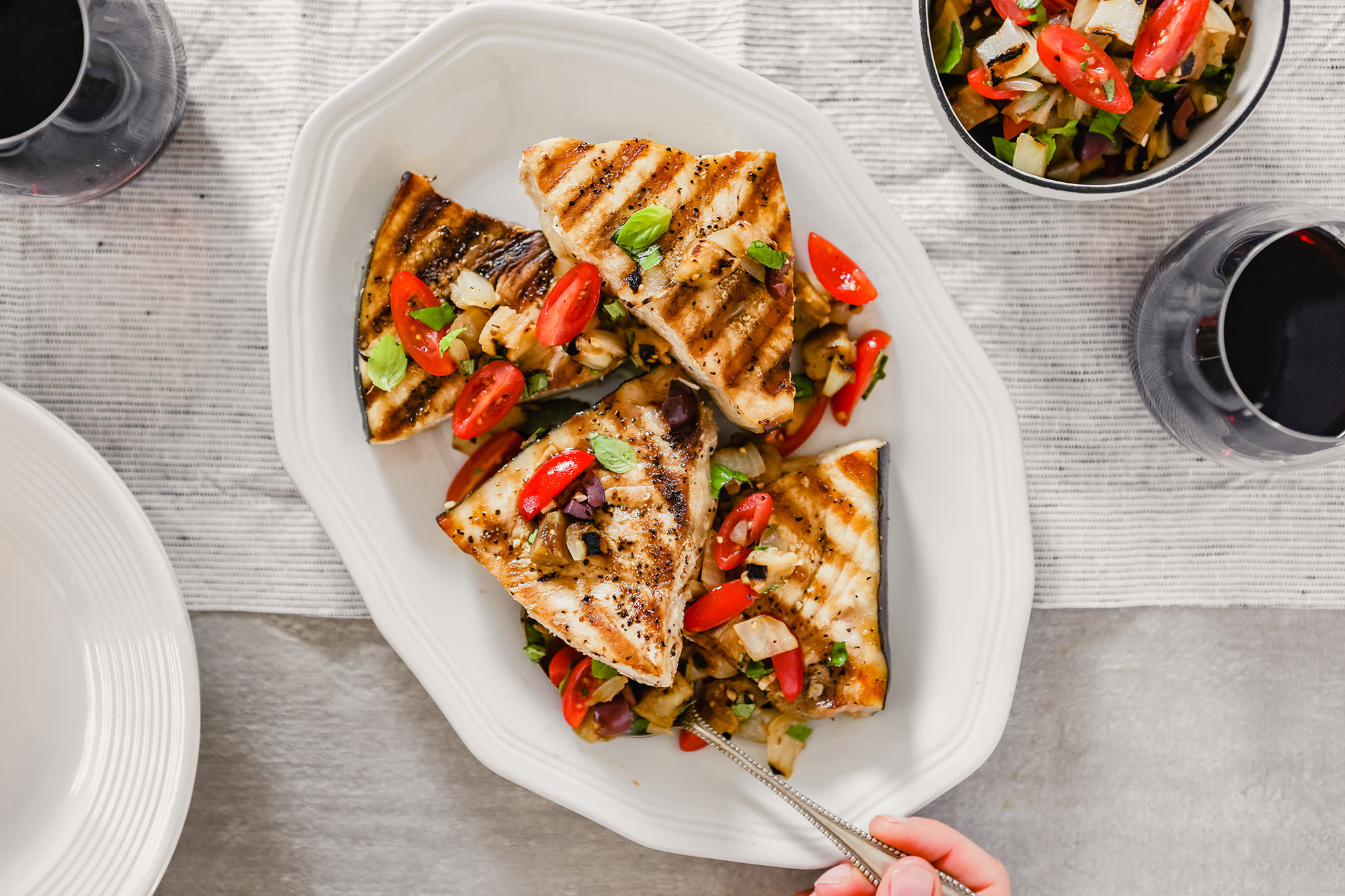 Grilled Swordfish With Eggplant Tomato Relish Pompeian