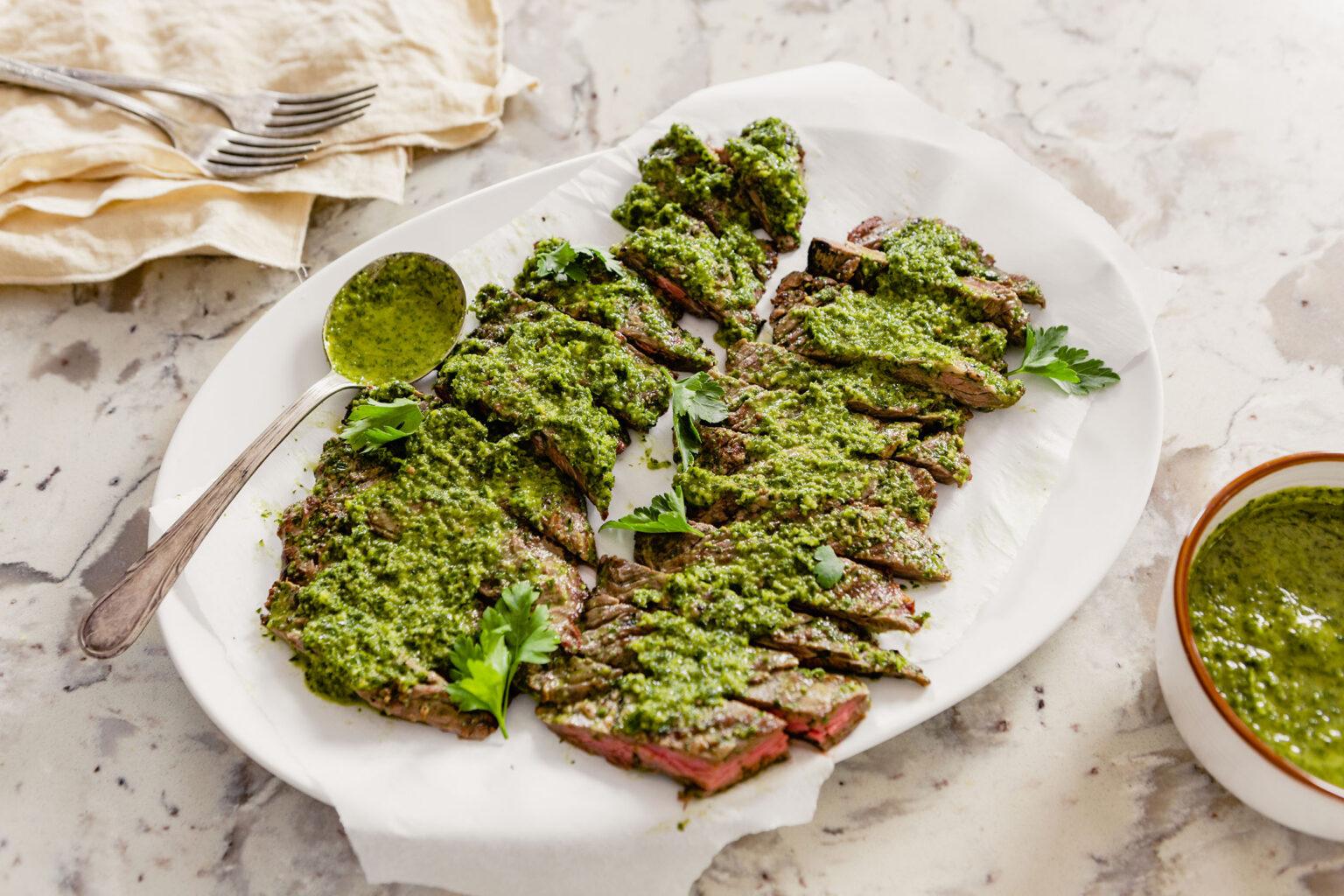 Skirt Steak with Chimichurri Sauce Pompeian Bold EVOO Organic Red Wine Vinegr