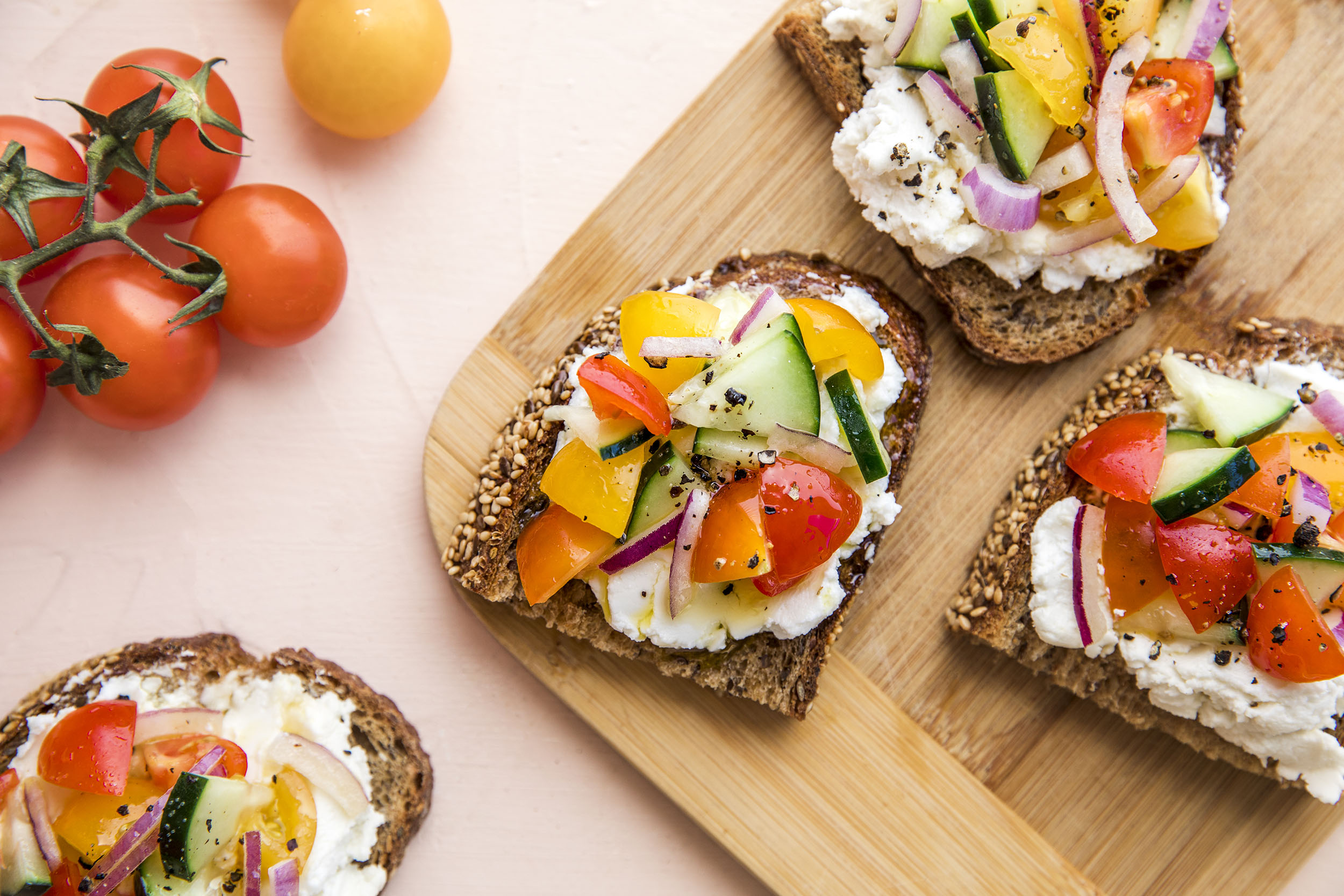 Tomato, Cucumber and Goat Cheese Toasts