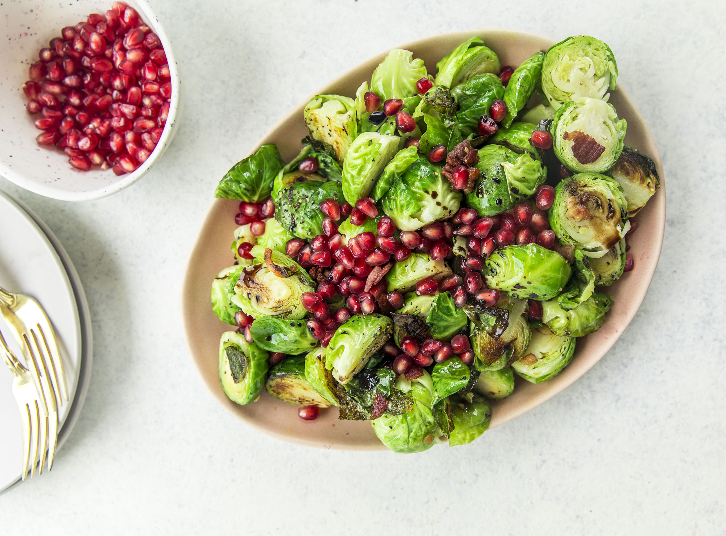 Brussels Sprouts with Bacon & Pomegranate - Pompeian