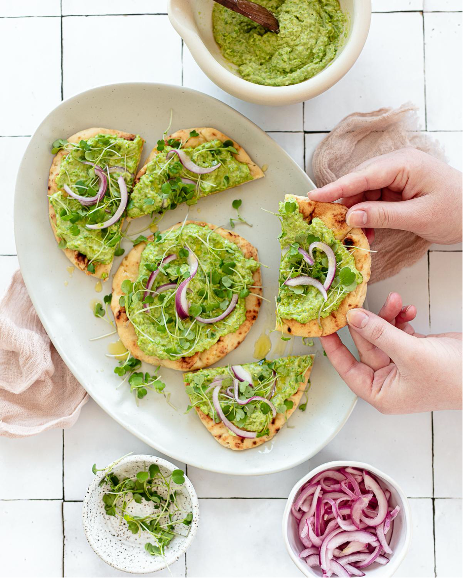 Mini Pitas with Spring Sweet Pea Hummus