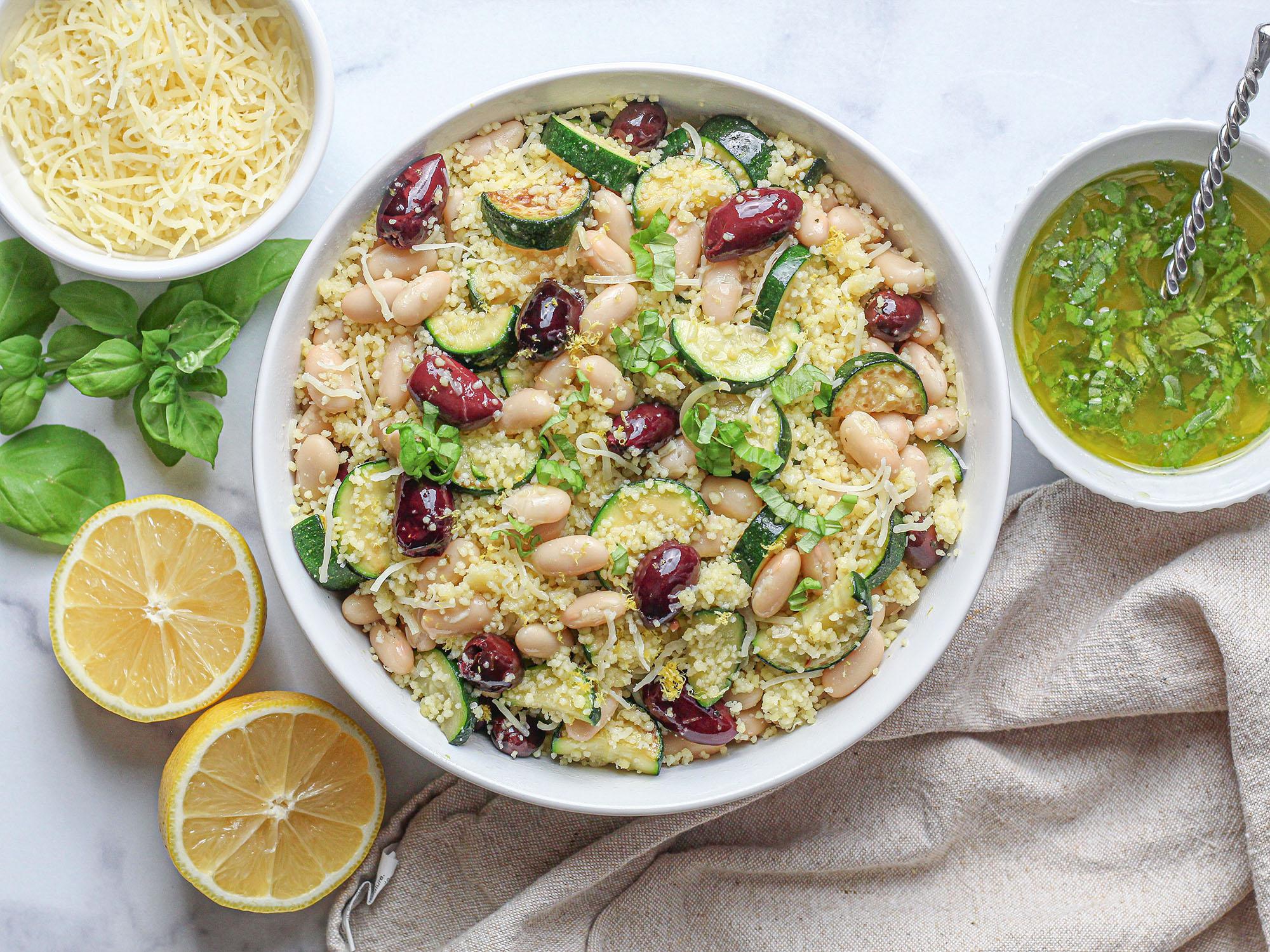 White Bean Couscous Salad Pompeian Robust EVOO 1 HERO