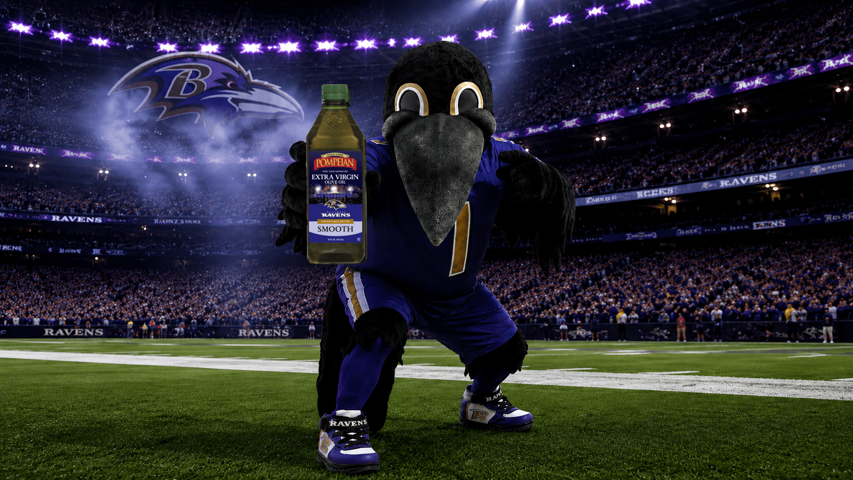 Ravens x Pompeian Smooth Extra Virgin Olive Oil held up under the stadium lights